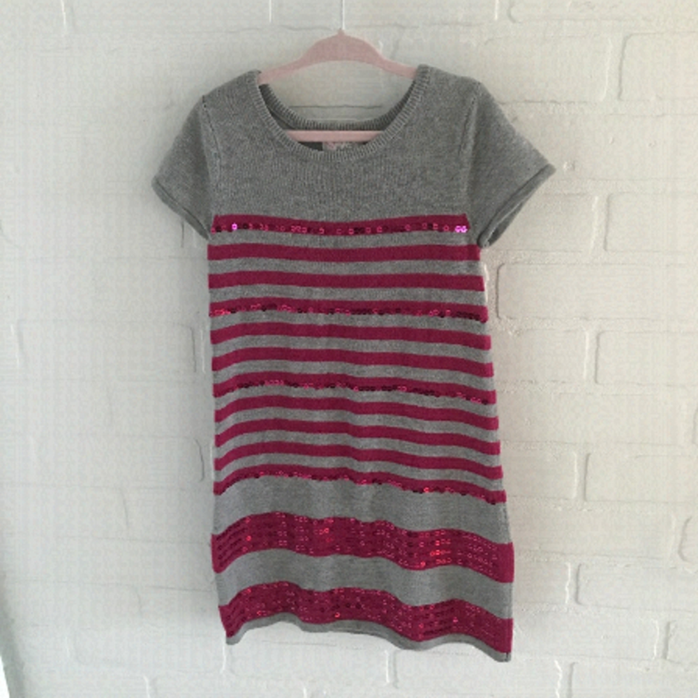 Children’s Place Knit dress Sparkly Sequin Stripes Gray Pink Girl Sz 5-6